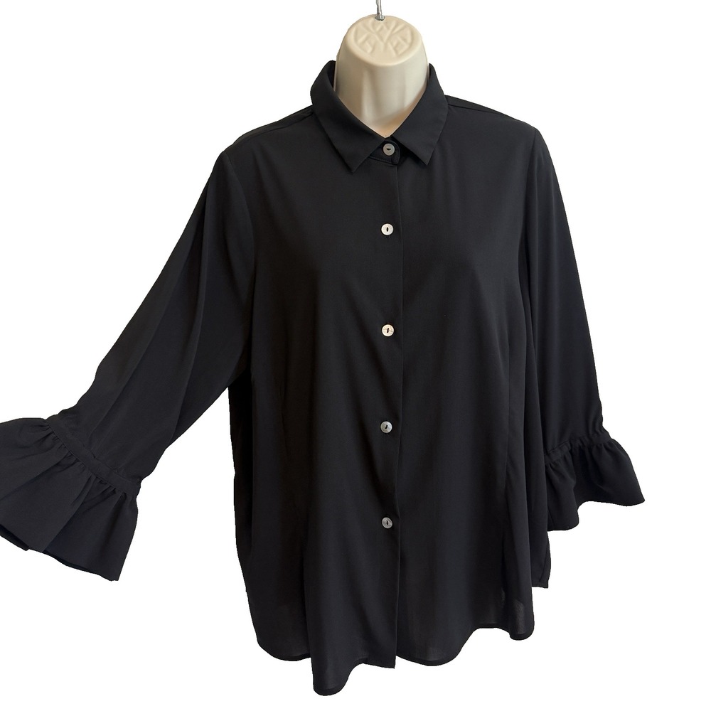 Gretchen Scott Button 3/4 Bell Sleeve Black Top XL Casualcore Witchy Whimsigoth